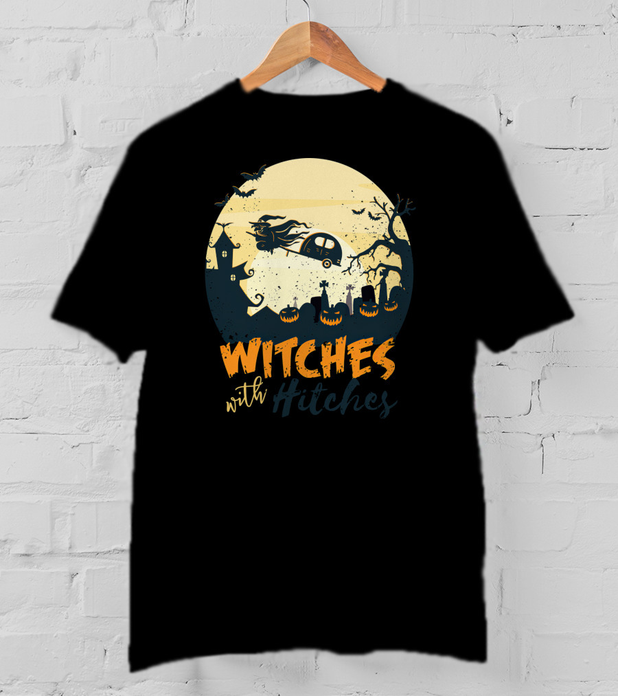 Witches With Hitches Halloween Camper Scene With Flying Broomstick And Spooky Graveyard T-Shirt