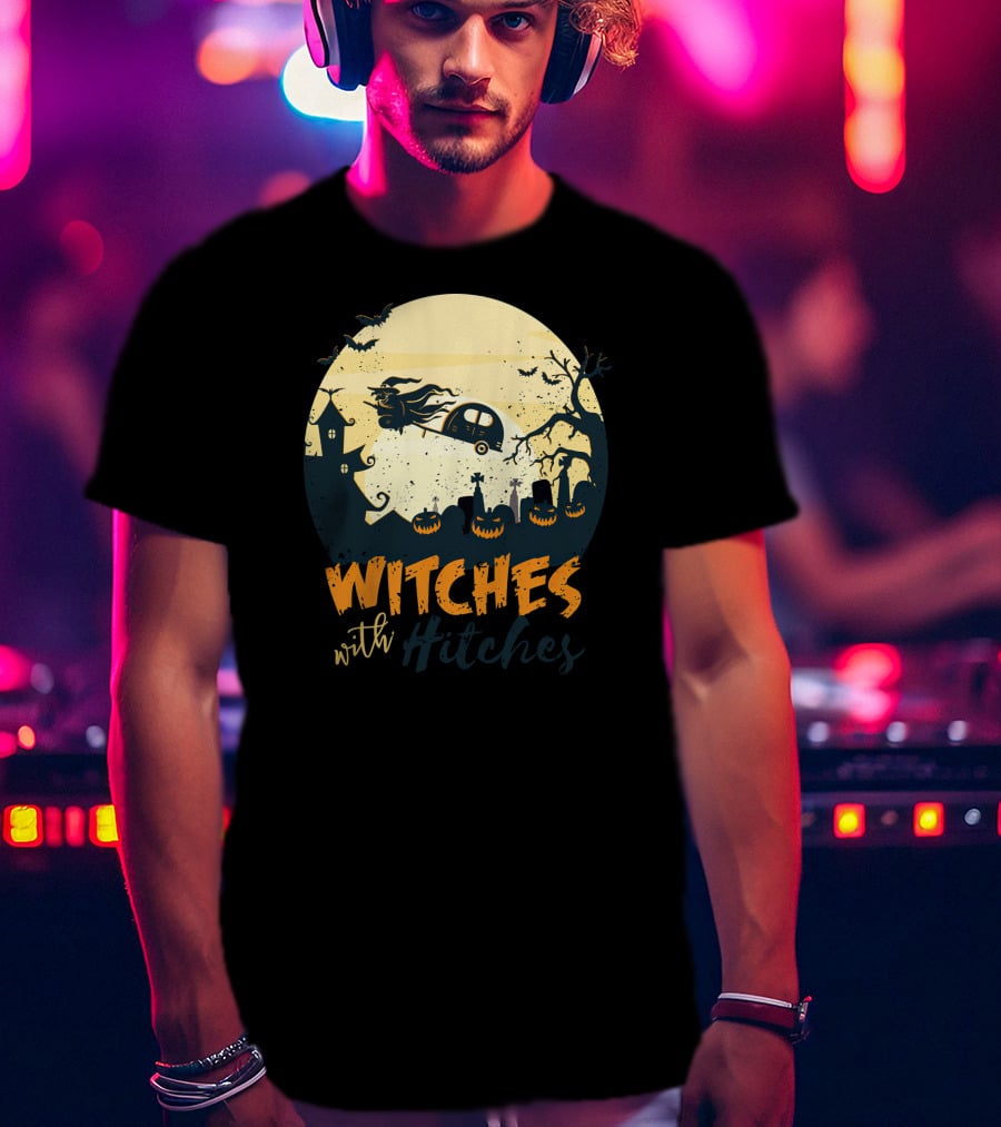Witches With Hitches Halloween Camper Scene With Flying Broomstick And Spooky Graveyard T-Shirt
