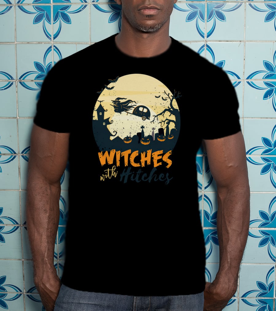 Witches With Hitches Halloween Camper Scene With Flying Broomstick And Spooky Graveyard T-Shirt