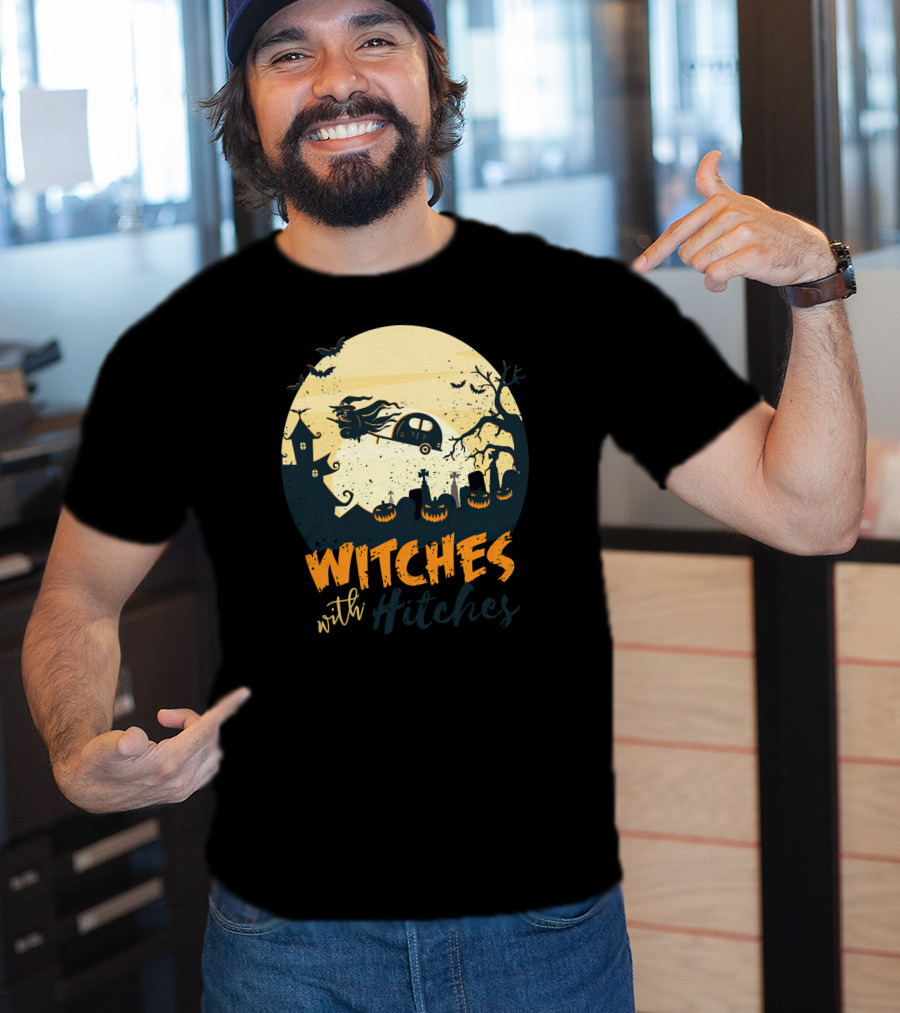 Witches With Hitches Halloween Camper Scene With Flying Broomstick And Spooky Graveyard T-Shirt