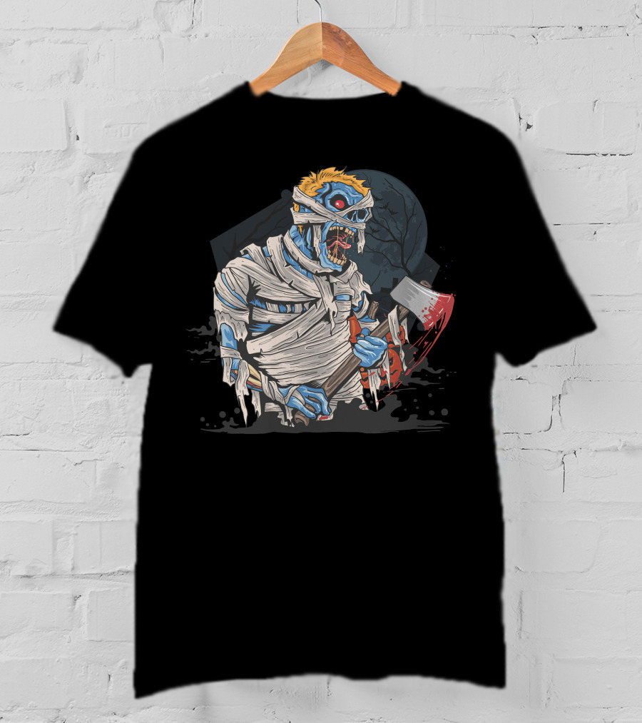Zombie With Bloody Axe And Tattered Mummy Wrappings Under Full Moon T-Shirt