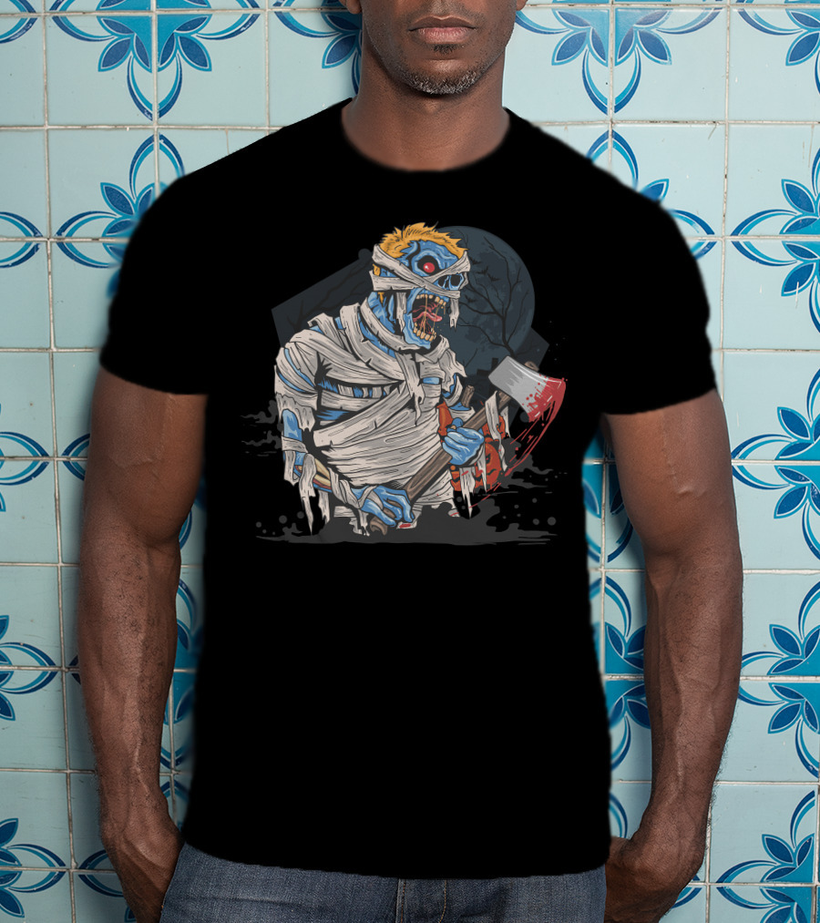 Zombie With Bloody Axe And Tattered Mummy Wrappings Under Full Moon T-Shirt