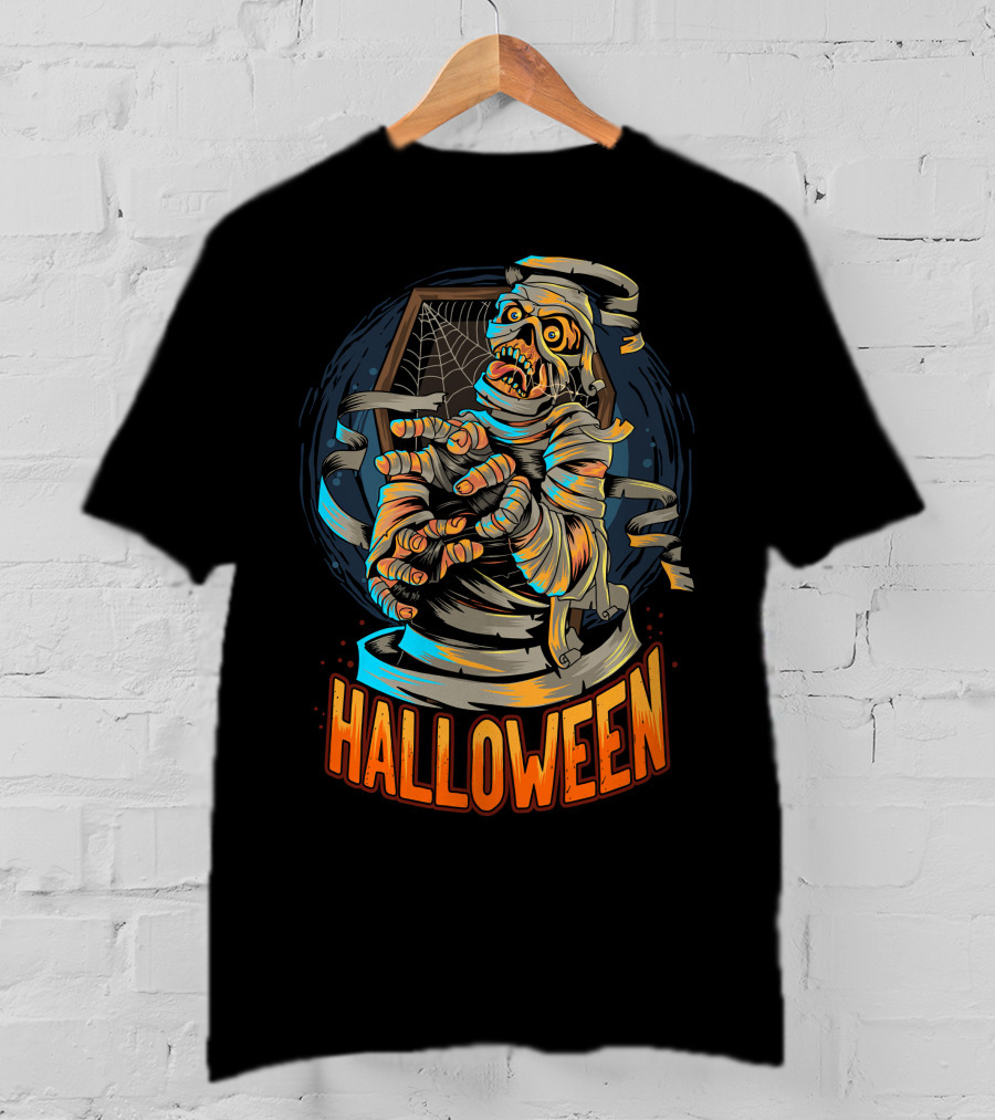 Halloween Scary Mummy With Web And Coffin T-Shirt