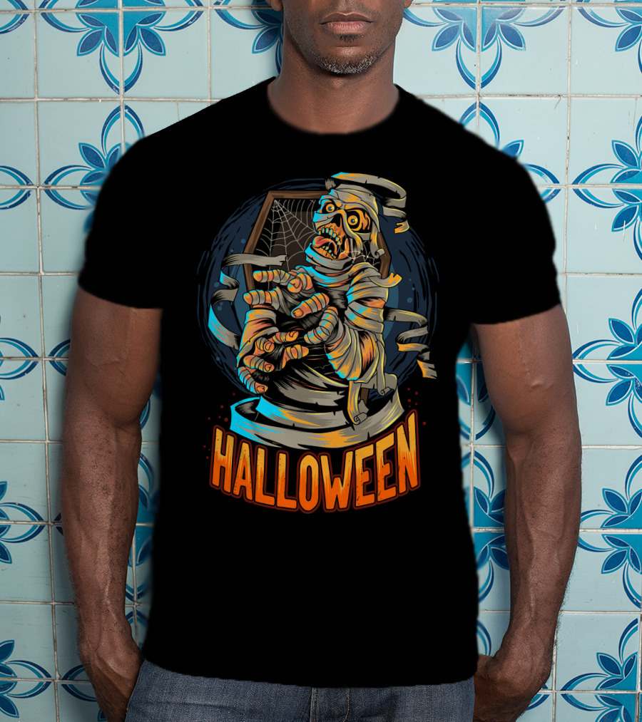 Halloween Scary Mummy With Web And Coffin T-Shirt