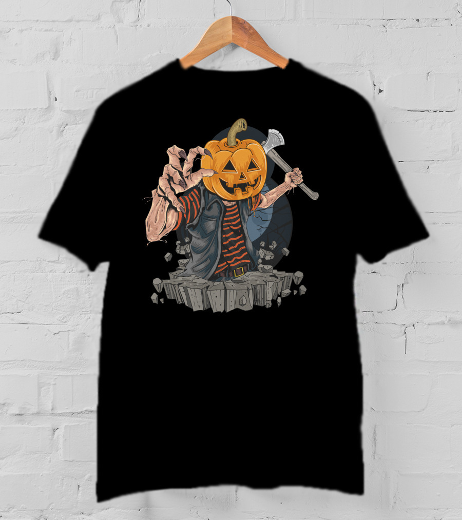 Pumpkin Head Zombie With Axe And Striped Shirt Emerging From Ground T-Shirt