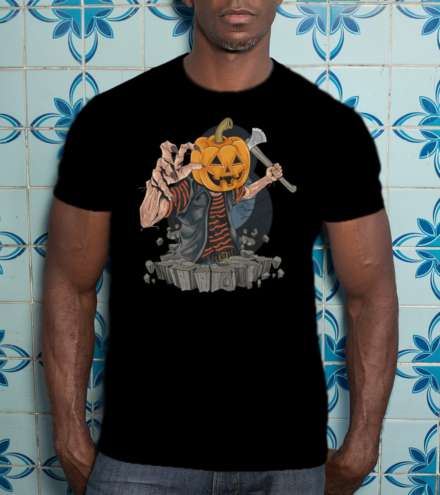 Pumpkin Head Zombie With Axe And Striped Shirt Emerging From Ground T-Shirt