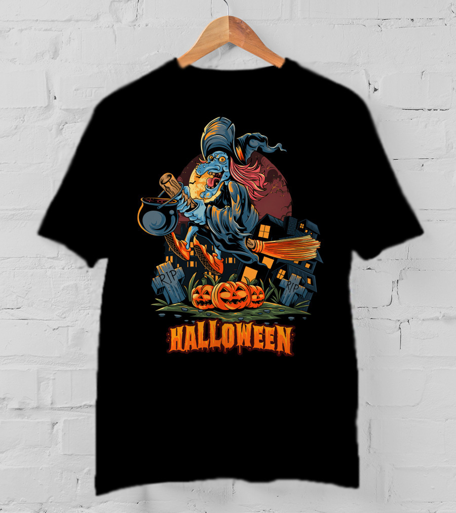 Spooky Halloween Witch Riding Broomstick With Pumpkins And Graveyard T-Shirt