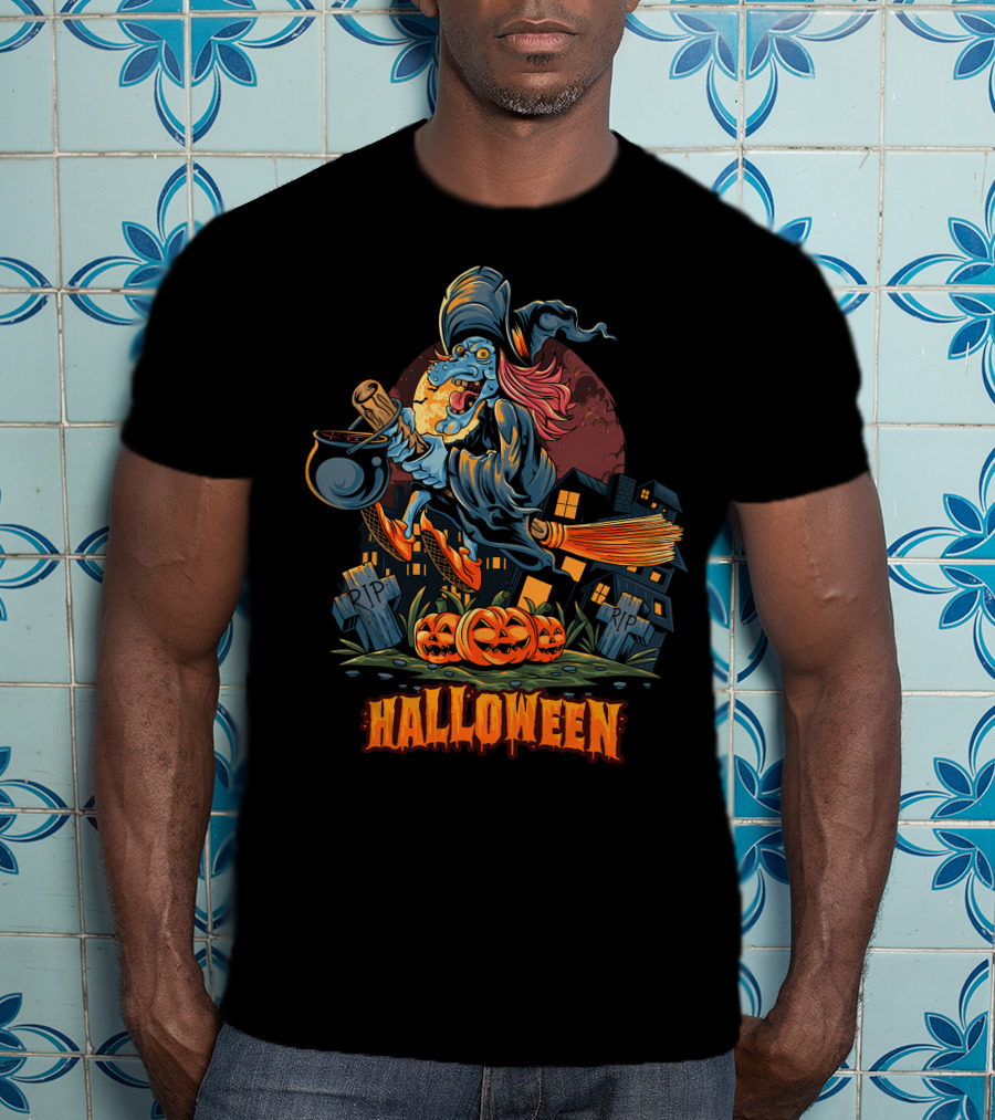 Spooky Halloween Witch Riding Broomstick With Pumpkins And Graveyard T-Shirt