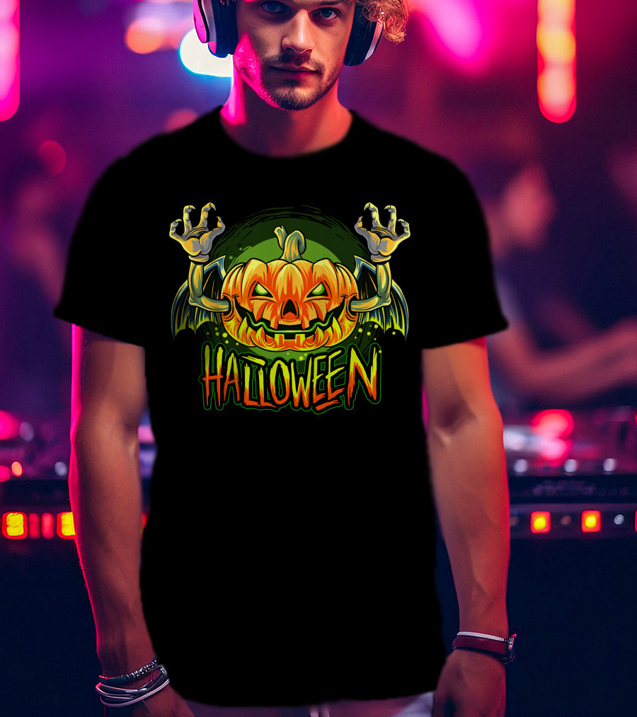 Halloween Pumpkin With Bat Wings And Zombie Hands T-Shirt