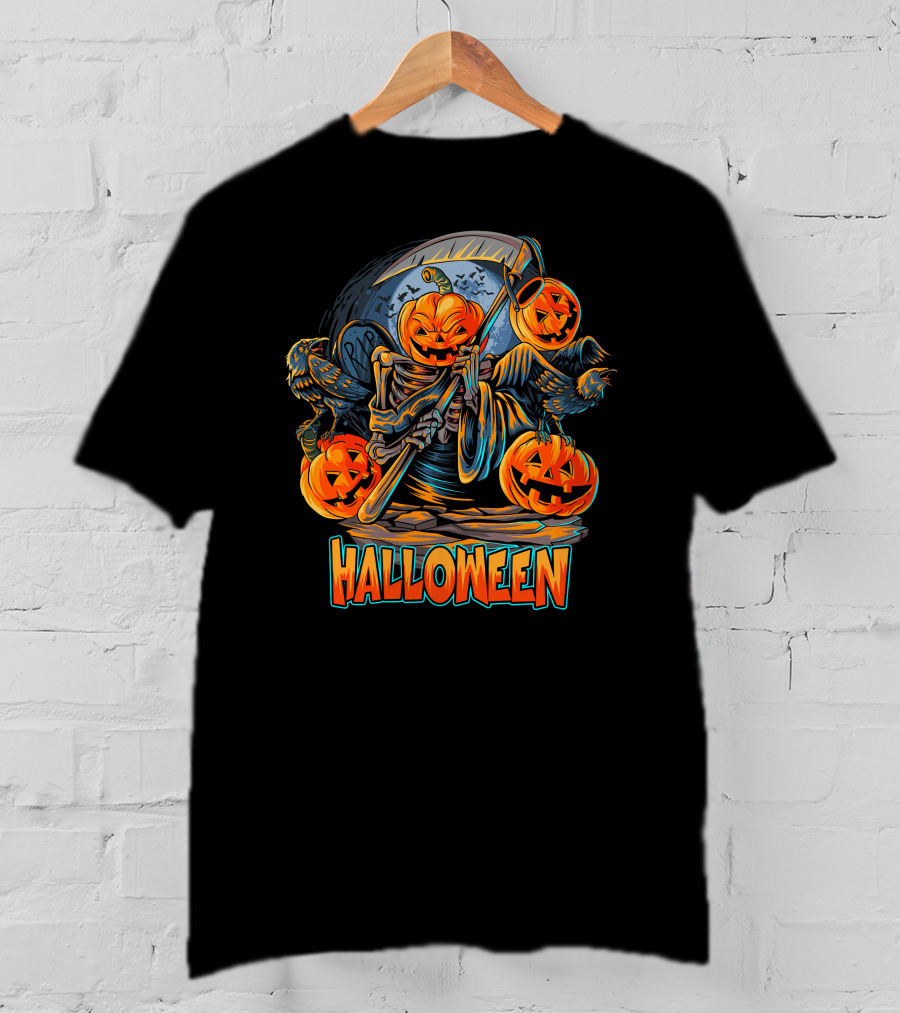 Grim Reaper Jack-O'-Lantern With Scythe And Ravens Halloween Scene T-Shirt