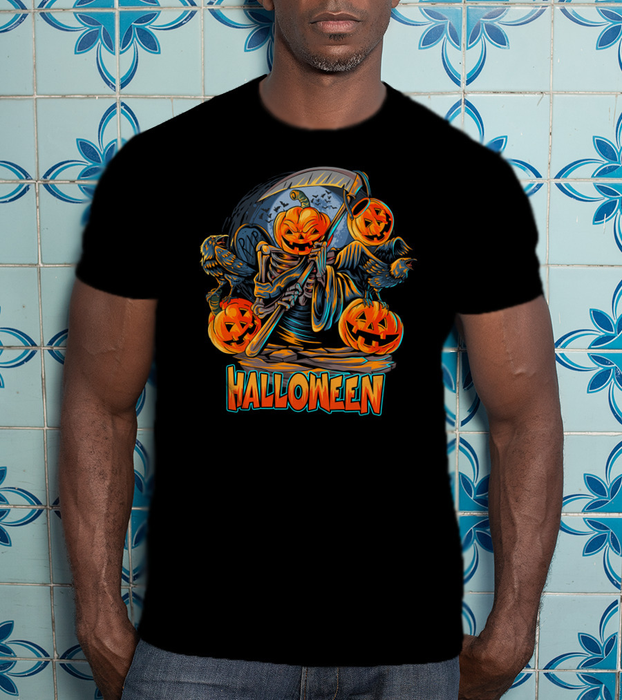 Grim Reaper Jack-O'-Lantern With Scythe And Ravens Halloween Scene T-Shirt