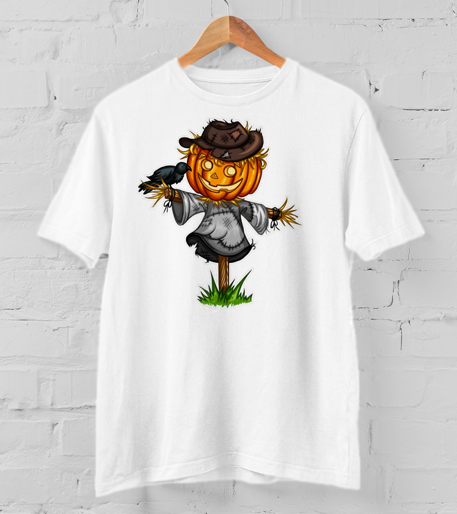 Scarecrow Halloween Pumpkin Head With Crow And Tattered Hat T-Shirt