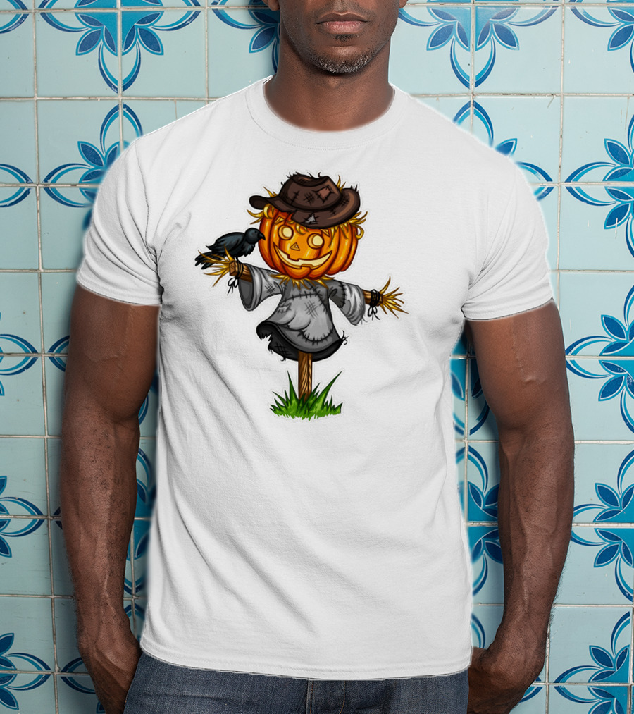 Scarecrow Halloween Pumpkin Head With Crow And Tattered Hat T-Shirt