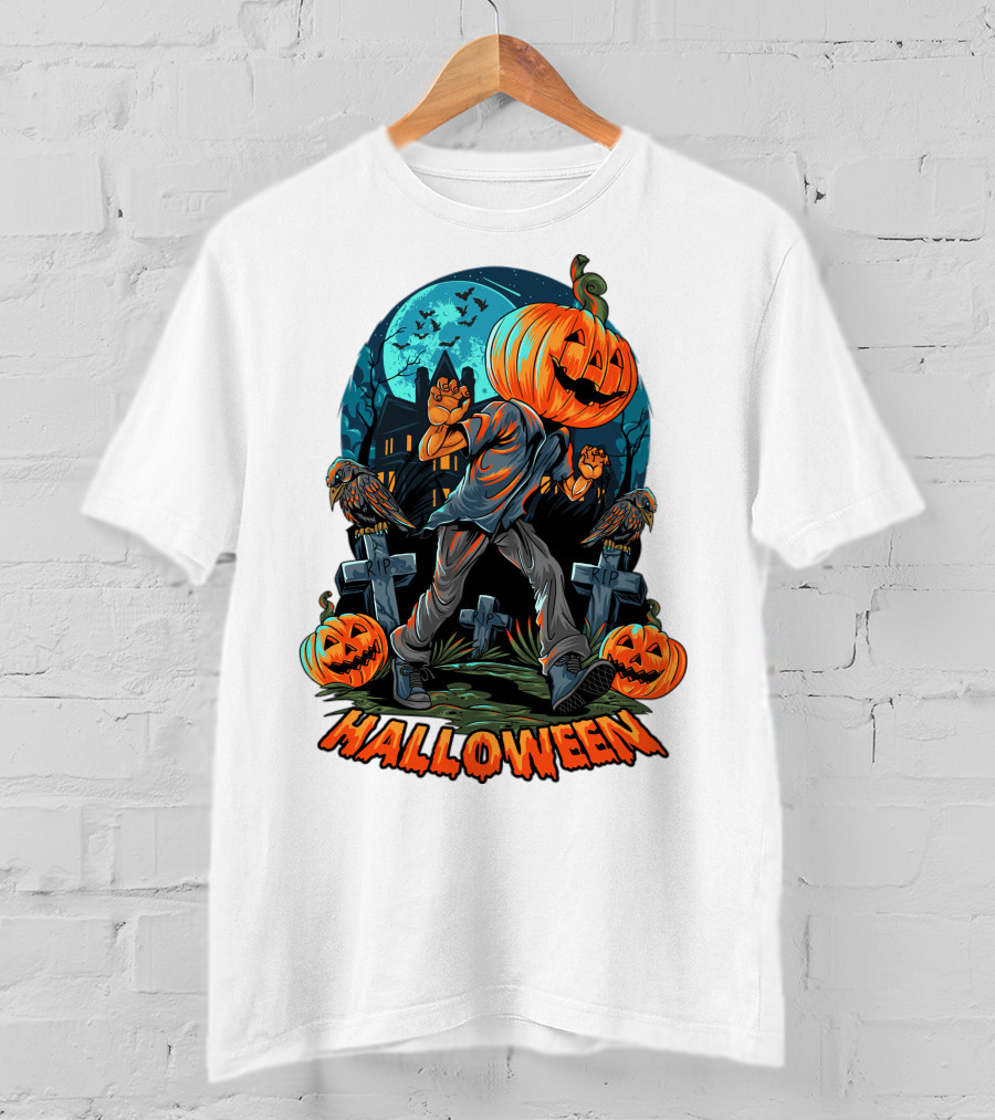 Spooky Halloween Pumpkin Head Costume With Haunted House And Bats T-Shirt