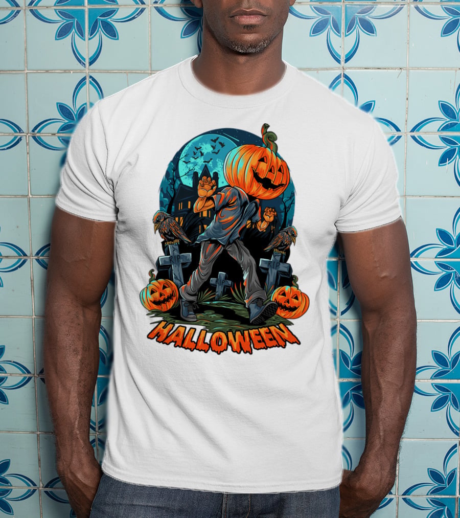 Spooky Halloween Pumpkin Head Costume With Haunted House And Bats T-Shirt