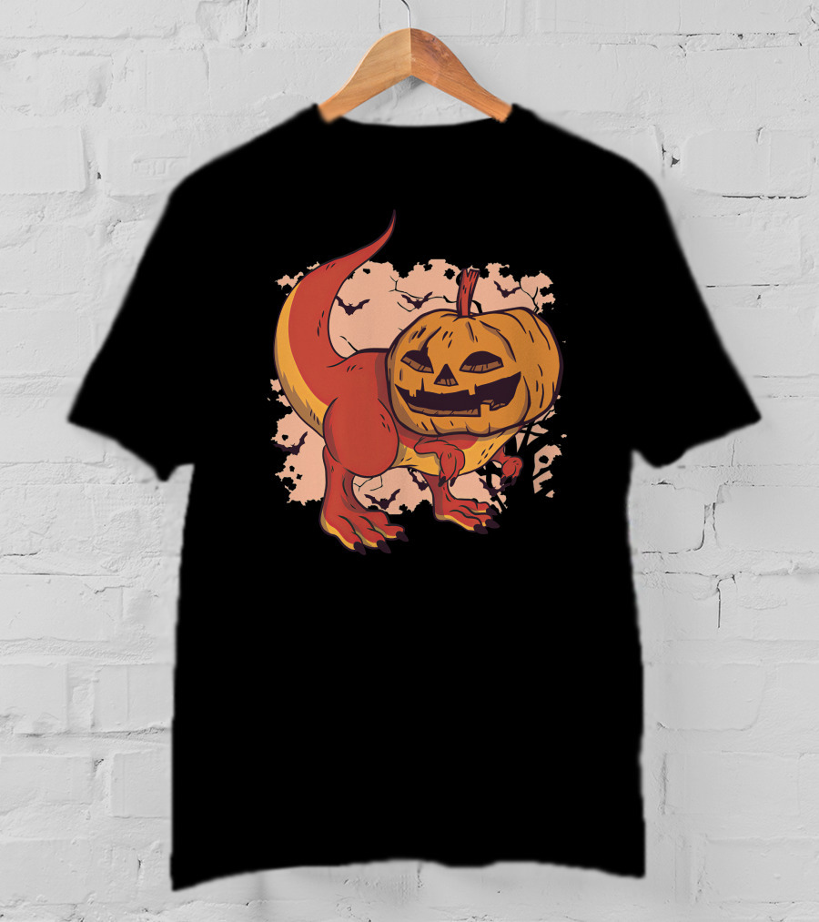 Pumpkin-Head Dinosaur With Jack-O'-Lantern Face And Creepy Background T-Shirt