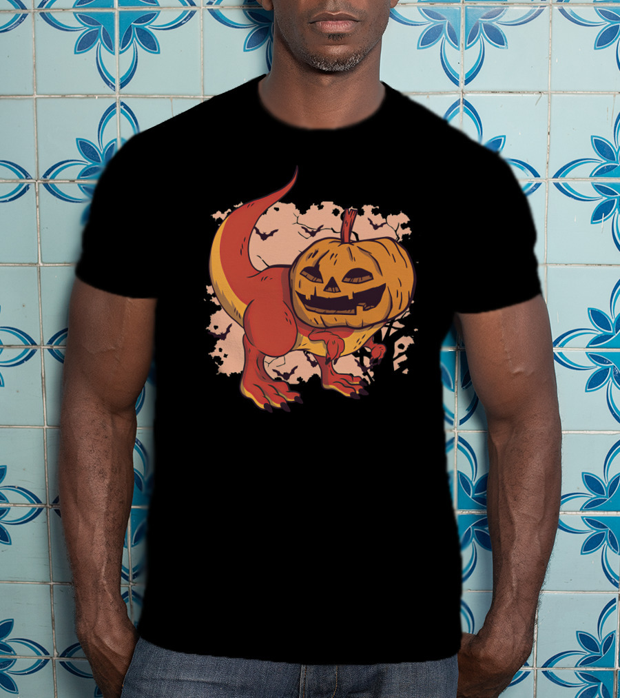Pumpkin-Head Dinosaur With Jack-O'-Lantern Face And Creepy Background T-Shirt