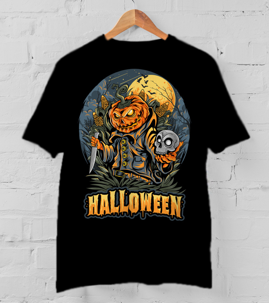 Halloween Pumpkin Head With Knife And Skull In Cornfield Scene T-Shirt