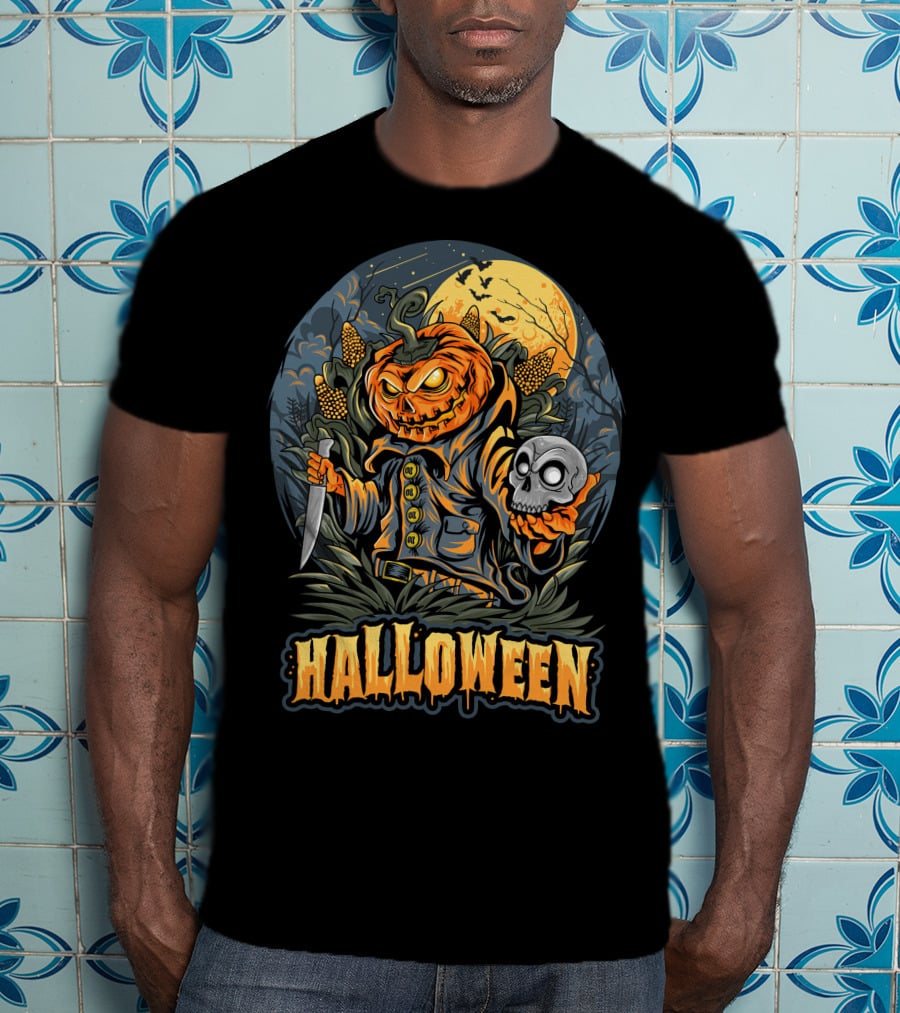 Halloween Pumpkin Head With Knife And Skull In Cornfield Scene T-Shirt