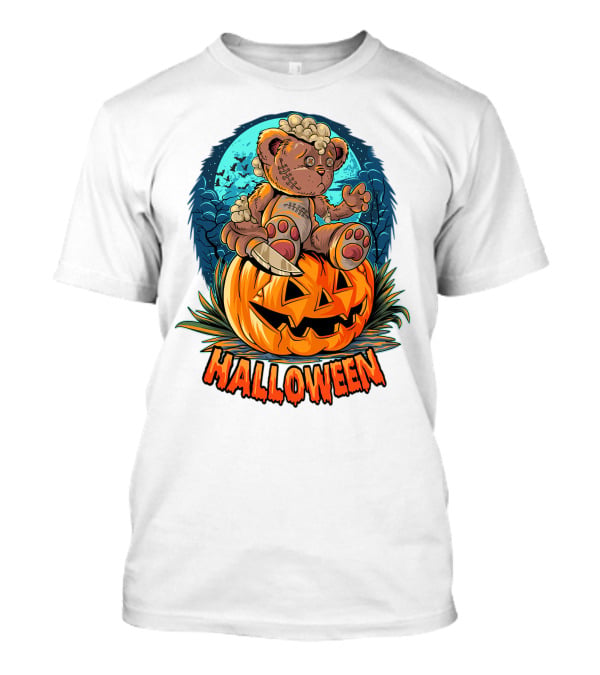 Halloween Teddy Bear On Pumpkin With Moon And Bats T-Shirt
