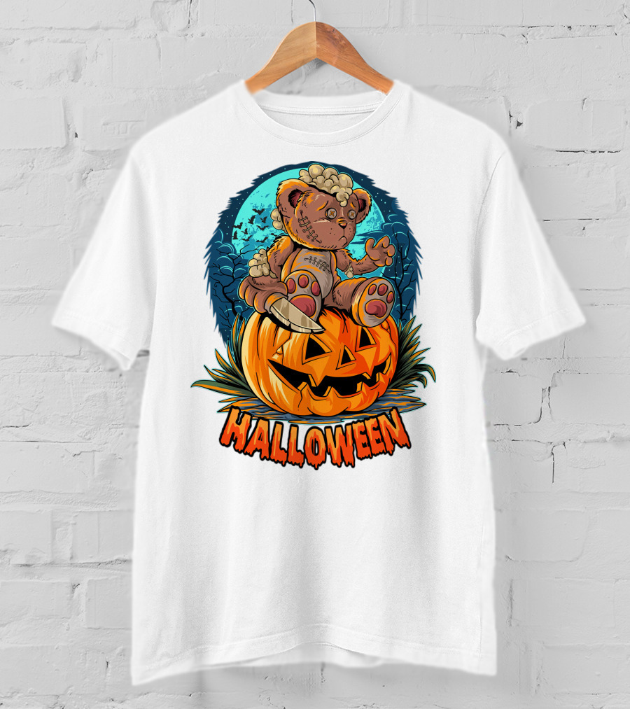 Halloween Teddy Bear On Pumpkin With Moon And Bats T-Shirt