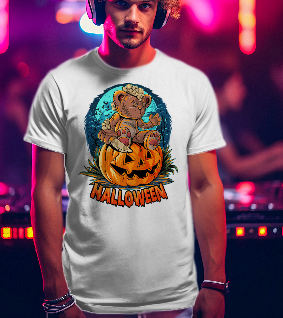 Halloween Teddy Bear On Pumpkin With Moon And Bats T-Shirt