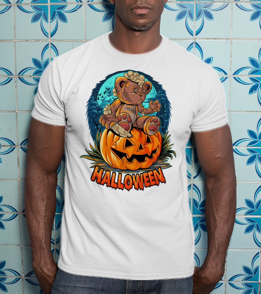 Halloween Teddy Bear On Pumpkin With Moon And Bats T-Shirt