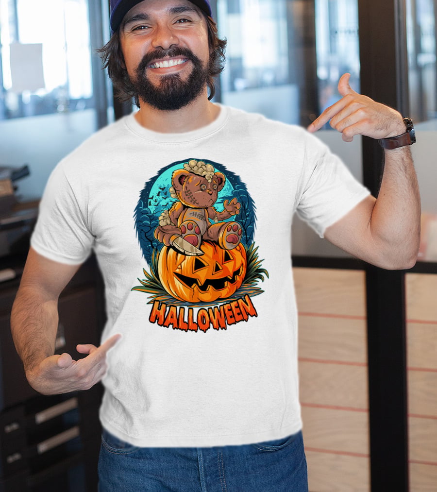 Halloween Teddy Bear On Pumpkin With Moon And Bats T-Shirt