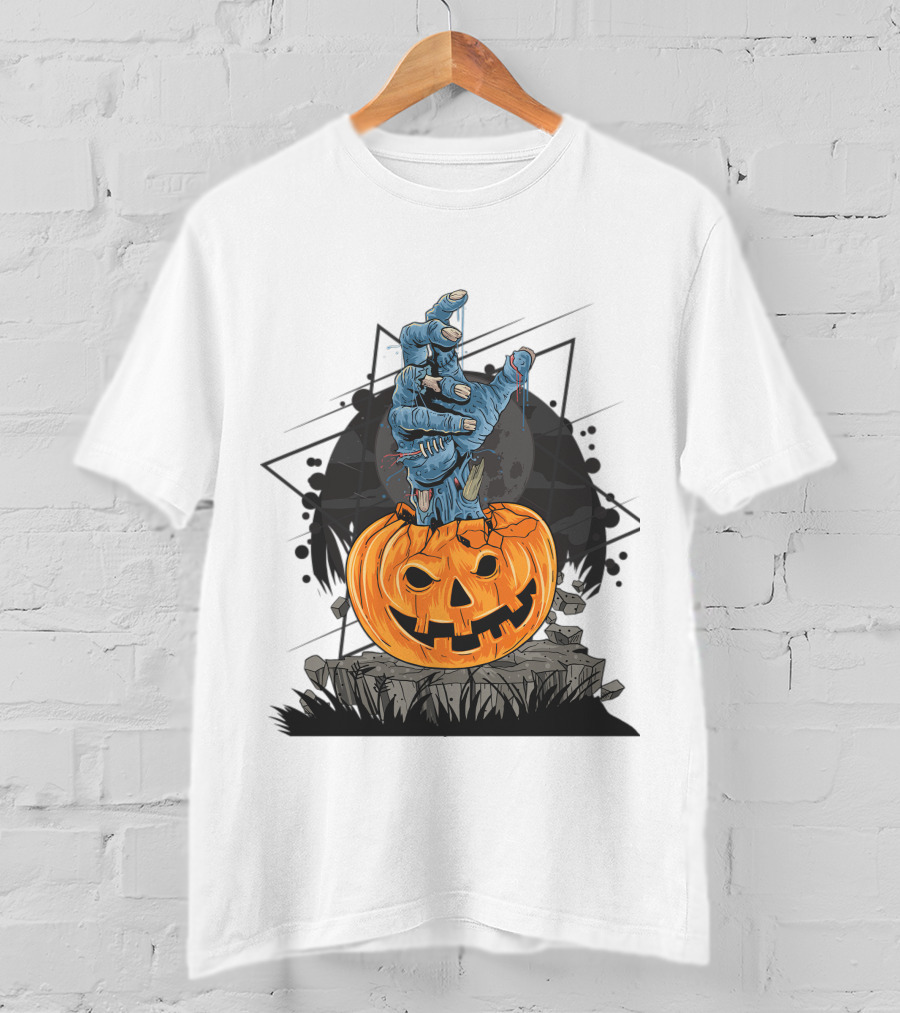 Zombie Hand Emerging From Pumpkin With Spooky Halloween Moon Background T-Shirt