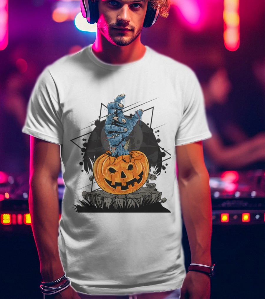 Zombie Hand Emerging From Pumpkin With Spooky Halloween Moon Background T-Shirt