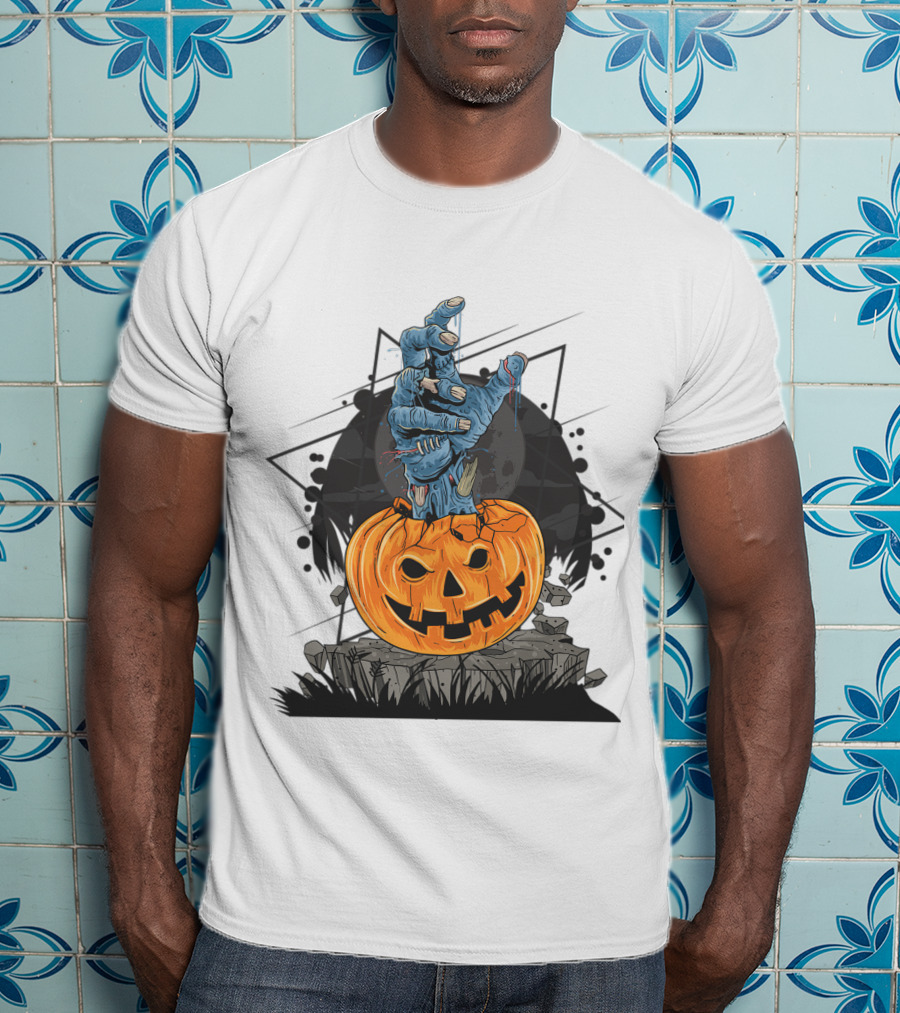 Zombie Hand Emerging From Pumpkin With Spooky Halloween Moon Background T-Shirt