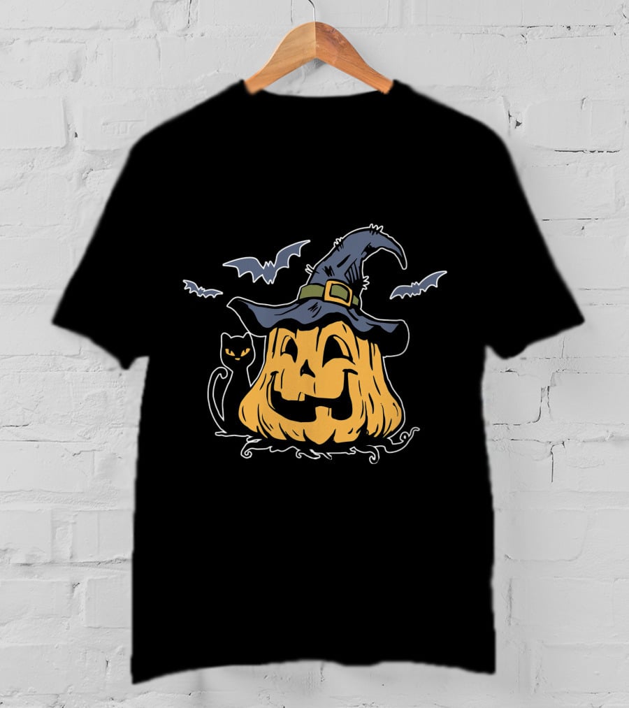 Pumpkin Black Cat Witch Hat Bats Everyday Is Halloween T-Shirt