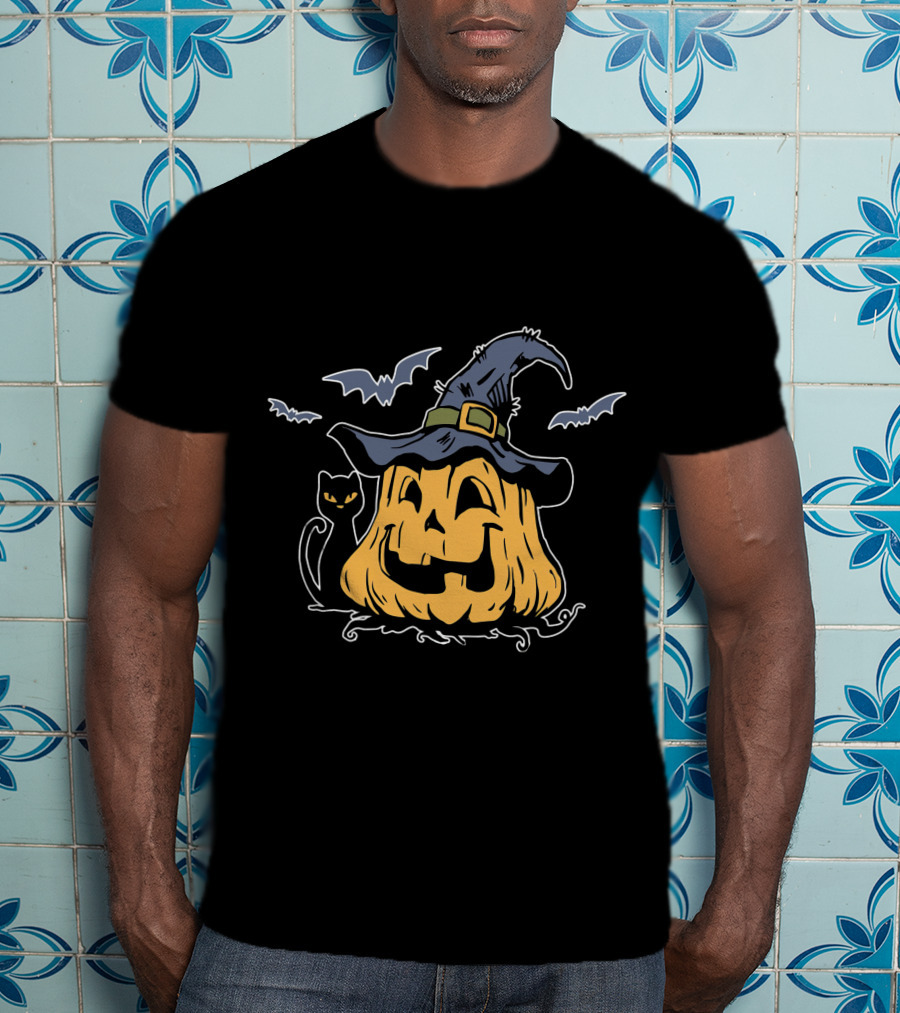 Pumpkin Black Cat Witch Hat Bats Everyday Is Halloween T-Shirt