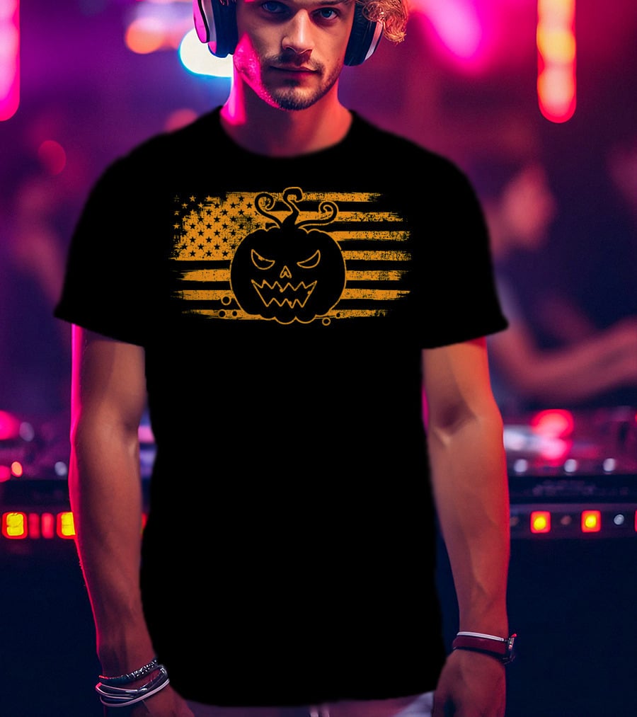 Halloween Pumpkin Monster USA Flag Grunge T-Shirt