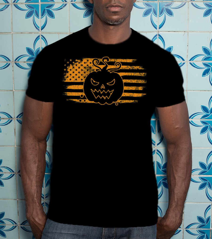 Halloween Pumpkin Monster USA Flag Grunge T-Shirt