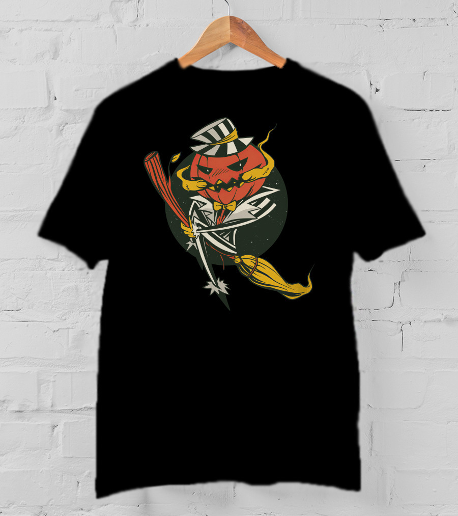 Halloween Pumpkin Skeleton With Striped Hat And Broomstick T-Shirt