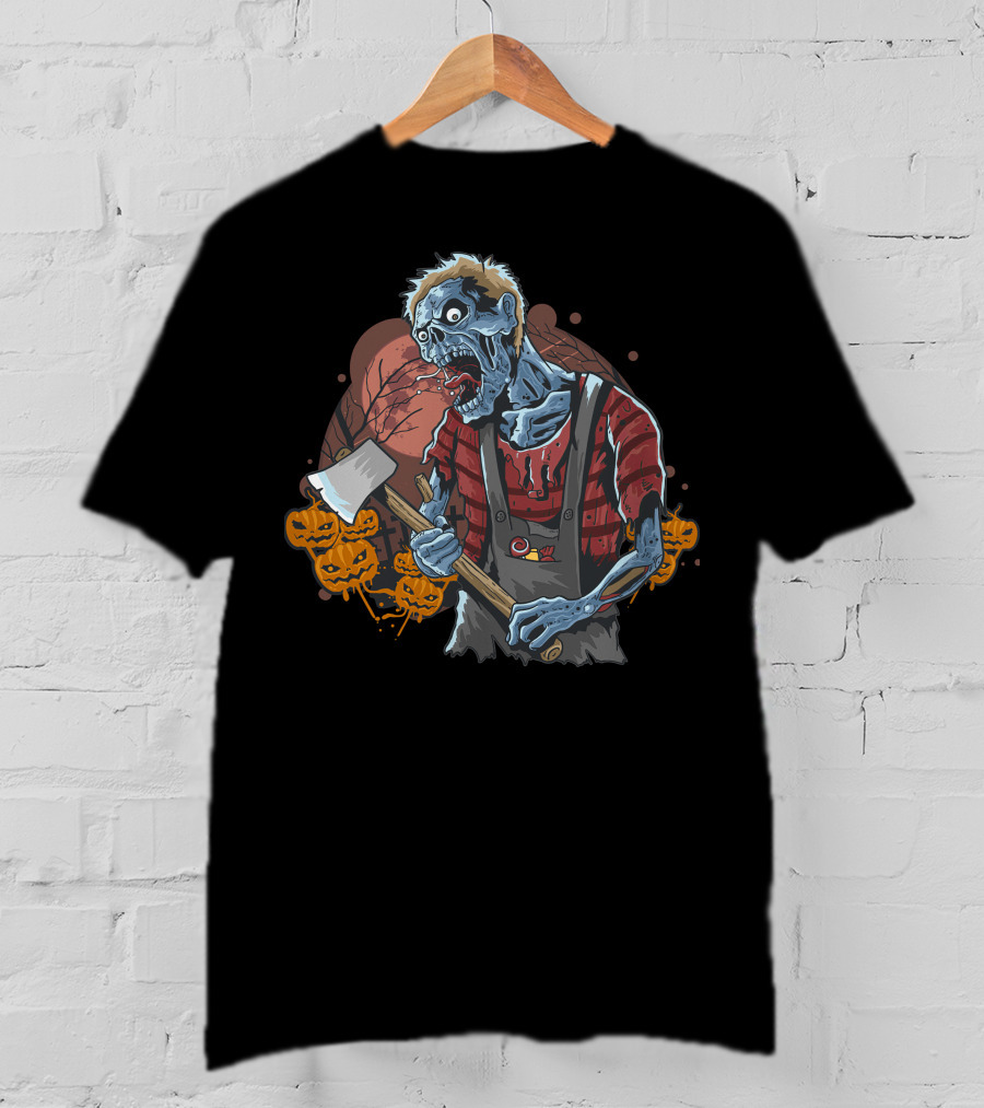 Zombie With Axe And Pumpkins In Spooky Forest T-Shirt