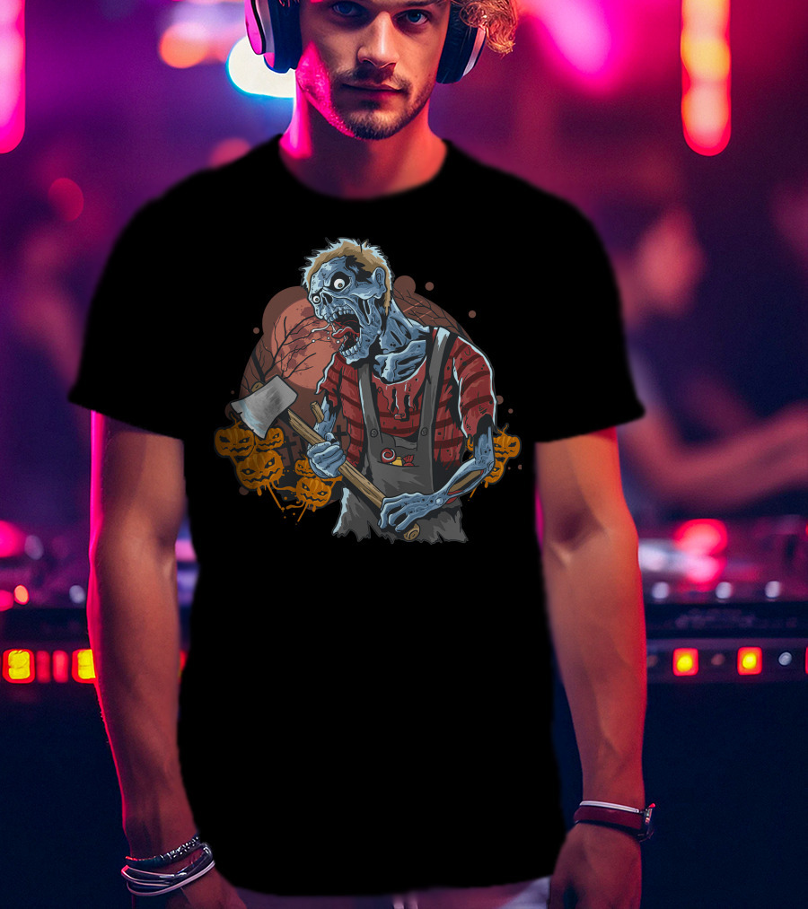 Zombie With Axe And Pumpkins In Spooky Forest T-Shirt