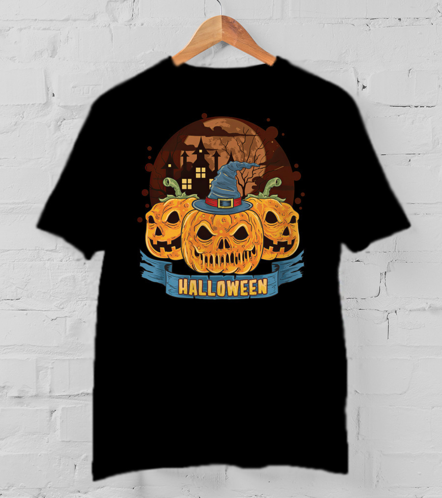 Halloween Spooky Pumpkins With Haunted House And Witch Hat T-Shirt