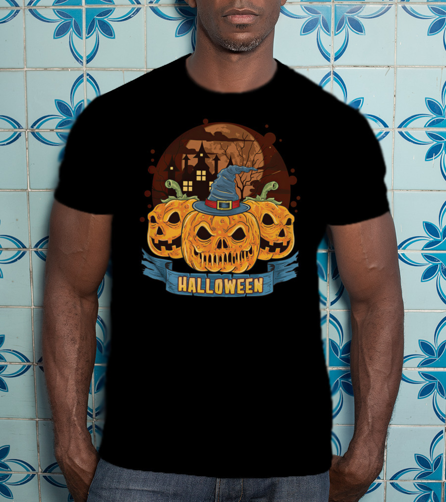 Halloween Spooky Pumpkins With Haunted House And Witch Hat T-Shirt