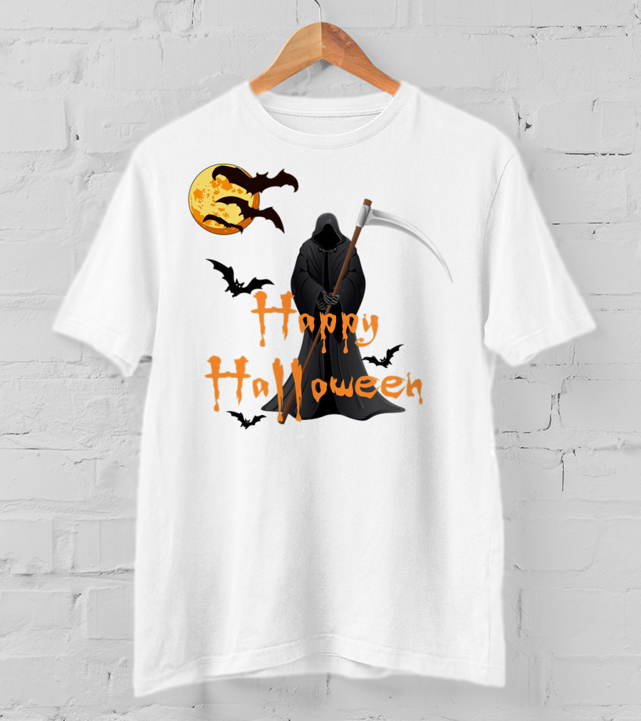 Happy Halloween Grim Reaper With Bats And Moon T-Shirt