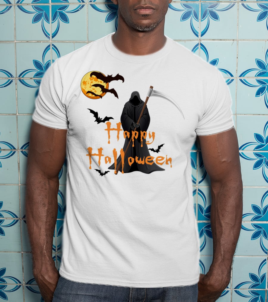 Happy Halloween Grim Reaper With Bats And Moon T-Shirt