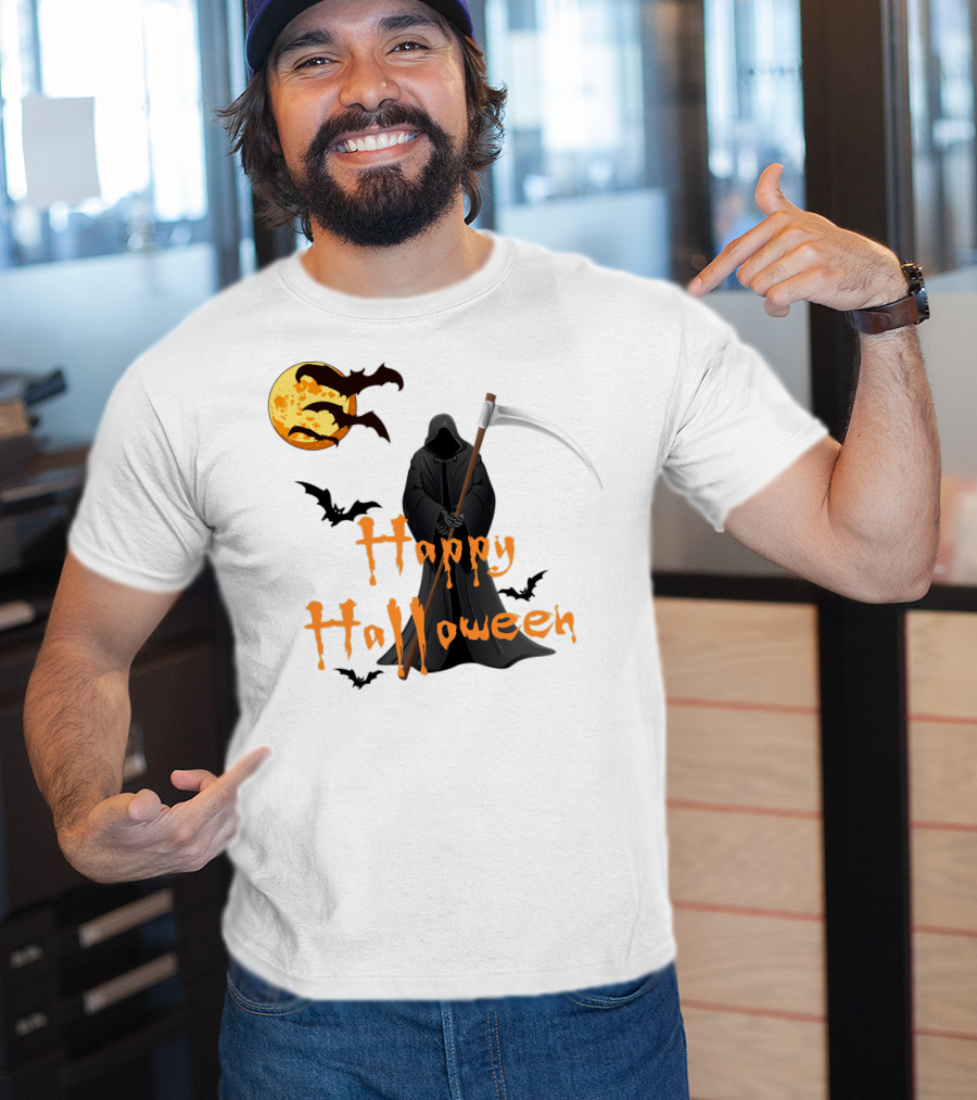Happy Halloween Grim Reaper With Bats And Moon T-Shirt