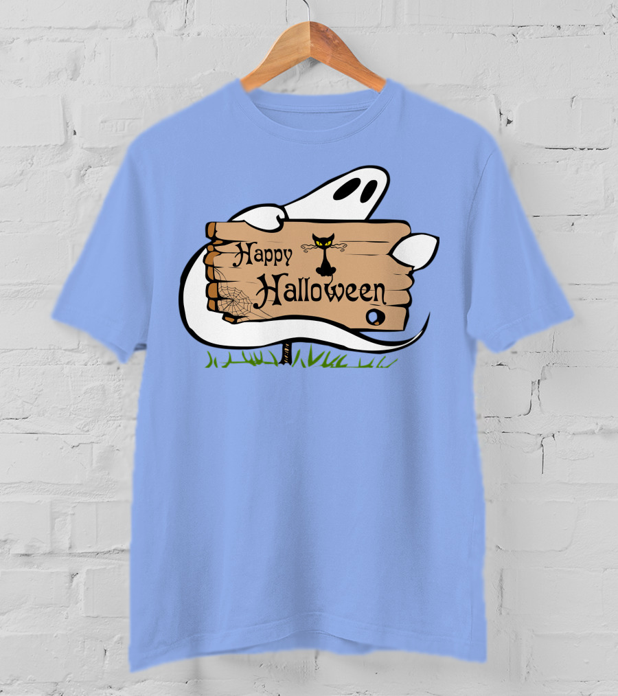 Happy Halloween Ghost With Black Cat And Spider Web T-Shirt
