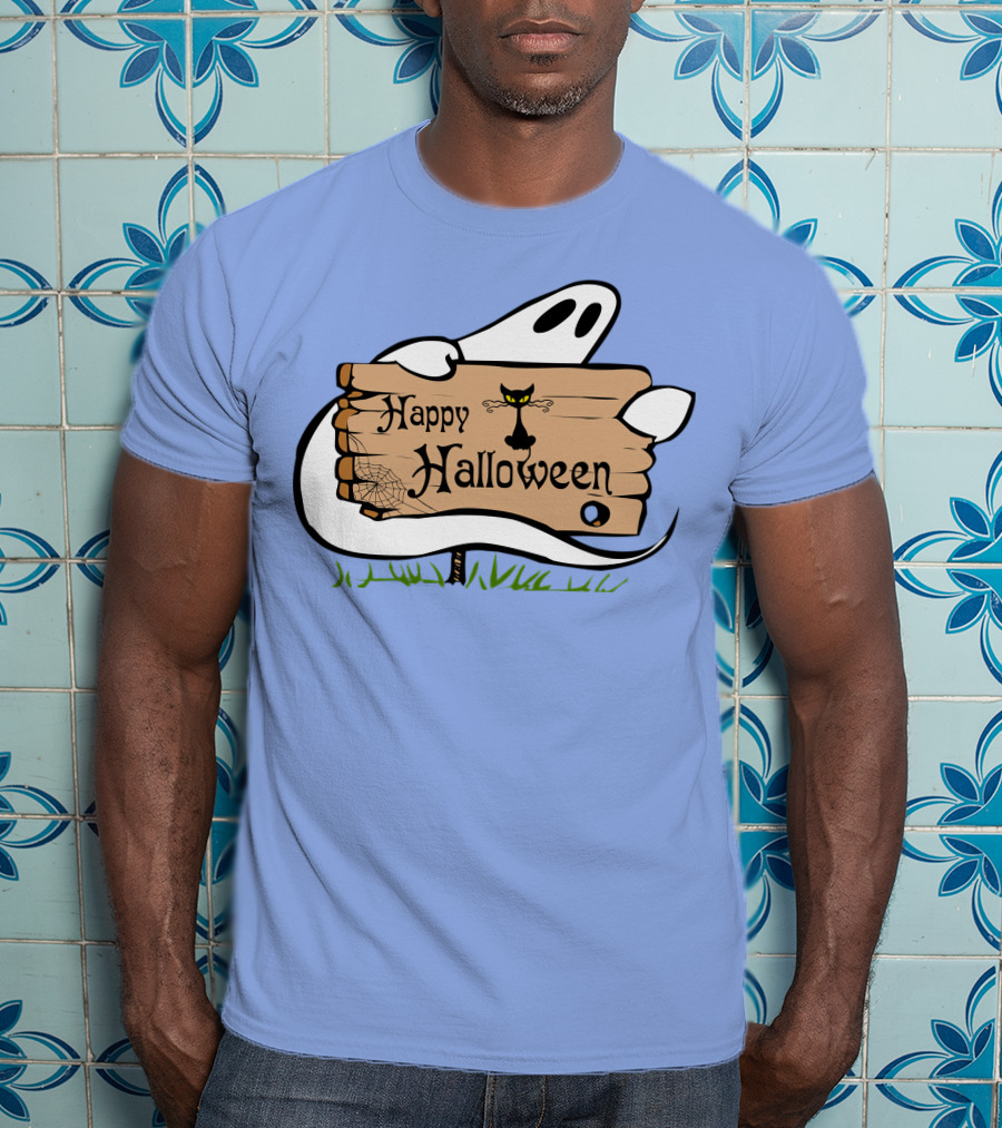 Happy Halloween Ghost With Black Cat And Spider Web T-Shirt