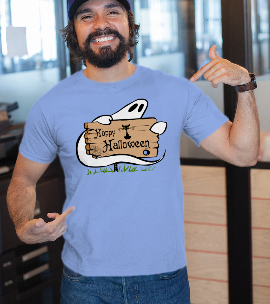 Happy Halloween Ghost With Black Cat And Spider Web T-Shirt