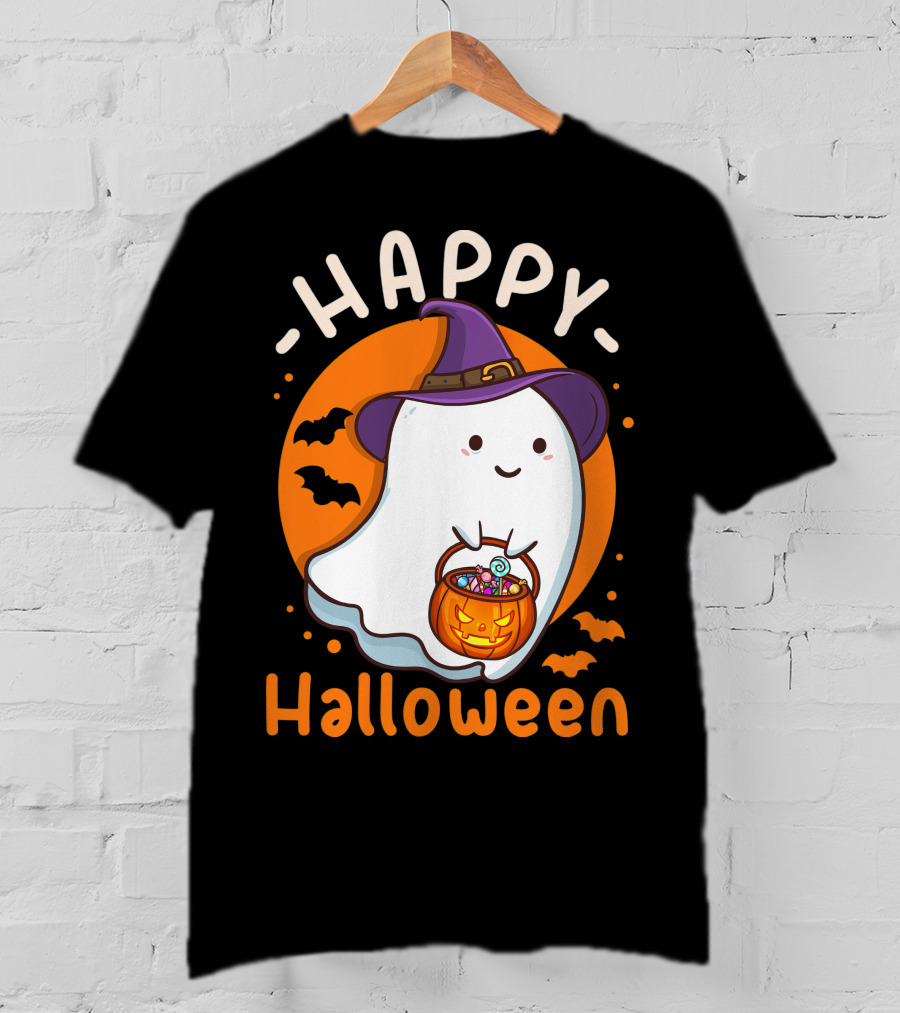 Happy Halloween Ghost With Pumpkin And Witch Hat T-Shirt