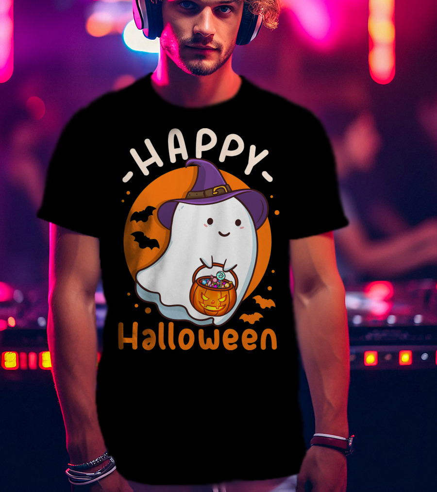 Happy Halloween Ghost With Pumpkin And Witch Hat T-Shirt