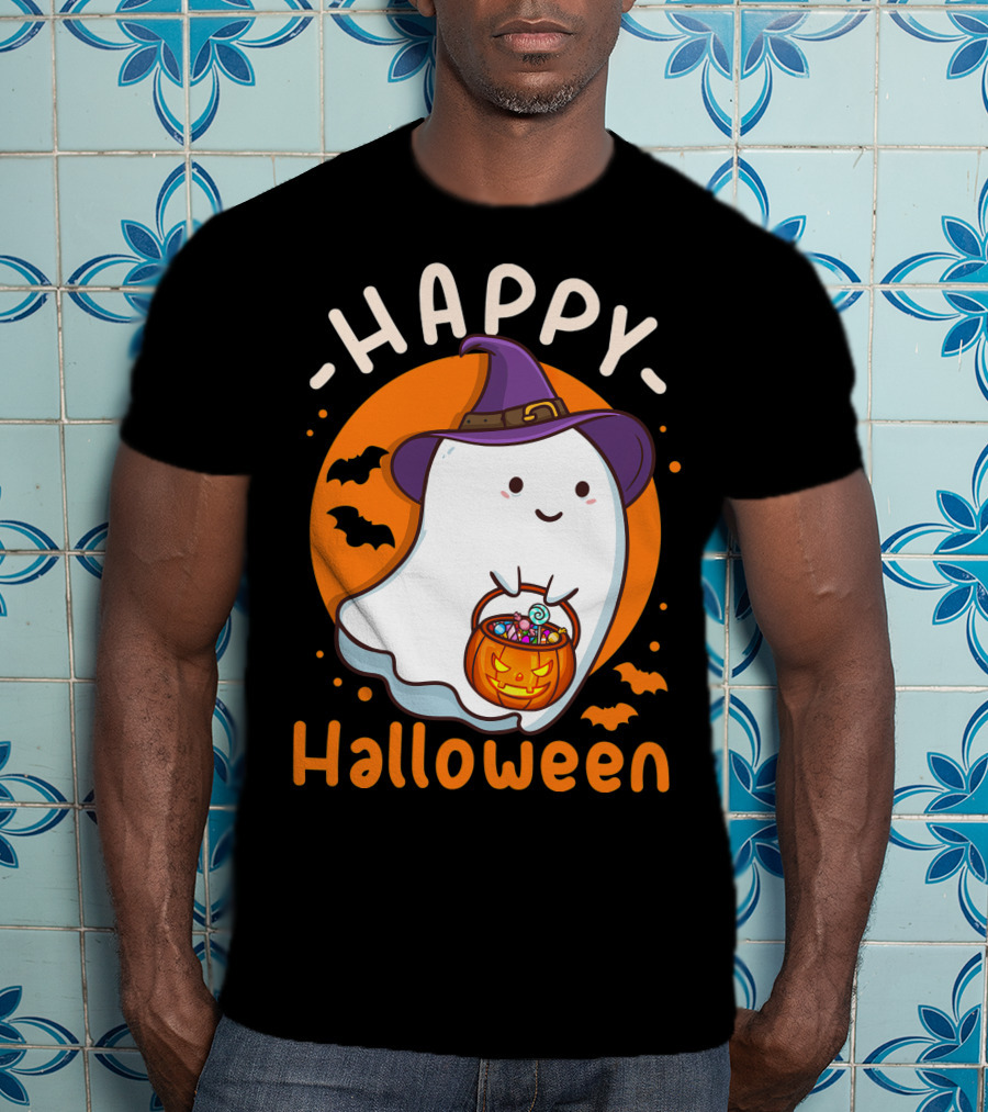 Happy Halloween Ghost With Pumpkin And Witch Hat T-Shirt