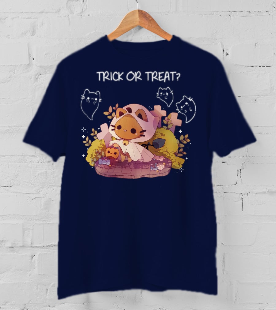 Trick Or Treat Kitty Ghost With Pumpkin And Crosses T-Shirt